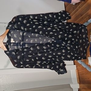 Japna Sheer High Low Elephant Print Navy Blouse